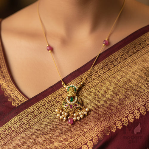 Invisible Chain Temple Necklace with Ruby, Emerald & Pearls