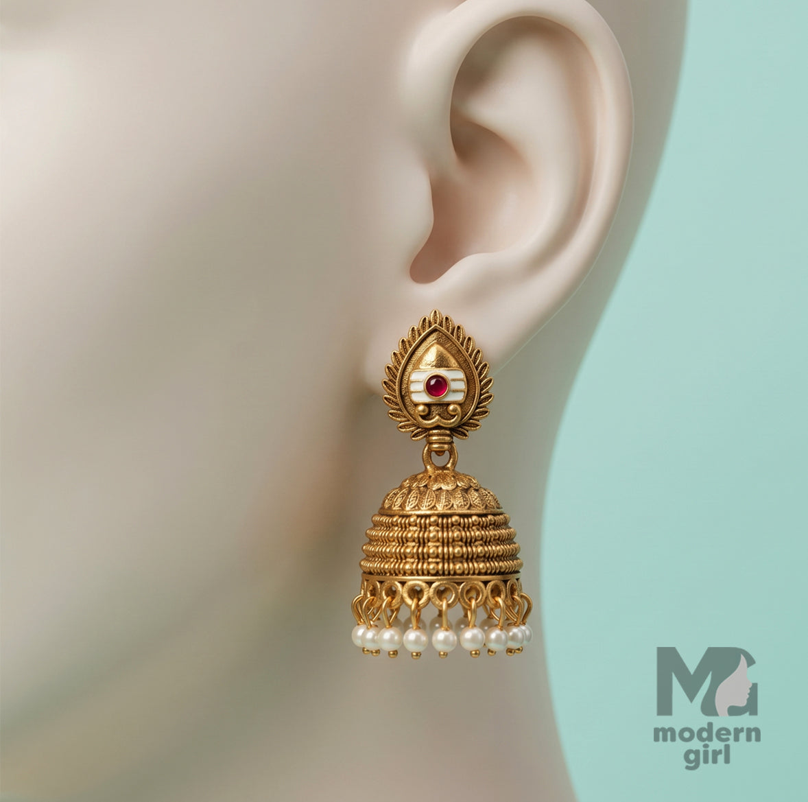 Muruga Pearl Jhumka Earrings – Antique Gold Traditional Ethnic Design