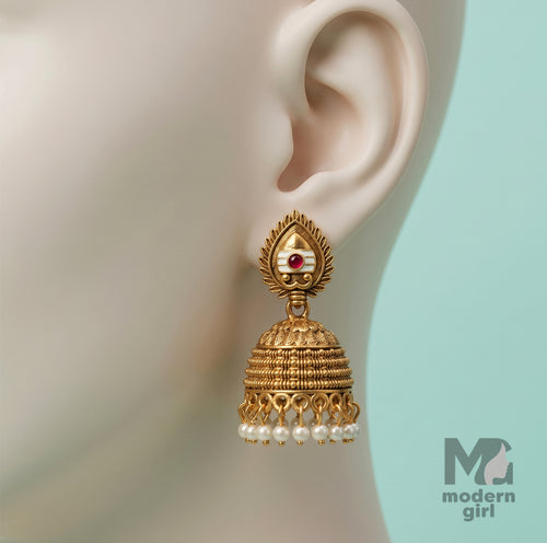 Muruga Pearl Jhumka Earrings – Antique Gold Traditional Ethnic Design