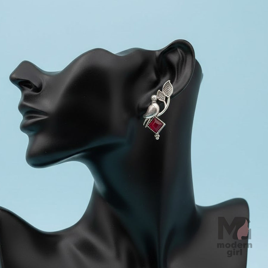 Silver Bird Leaf Emerald Stone Earrings