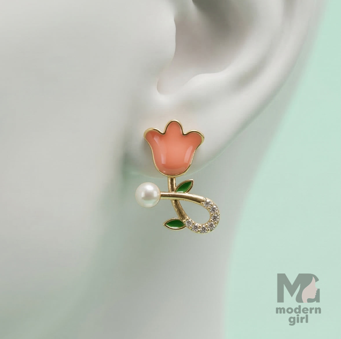 Tulip Flower Pearl Stud Earrings
