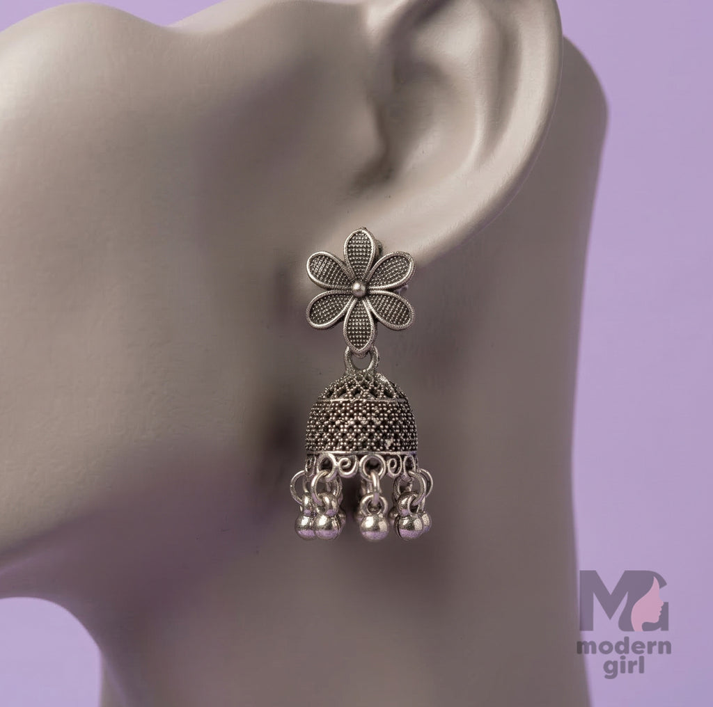 Floral Stud Oxidized Silver Mini Jhumka Earrings for Women