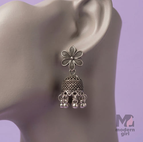 Floral Stud Oxidized Silver Mini Jhumka Earrings for Women