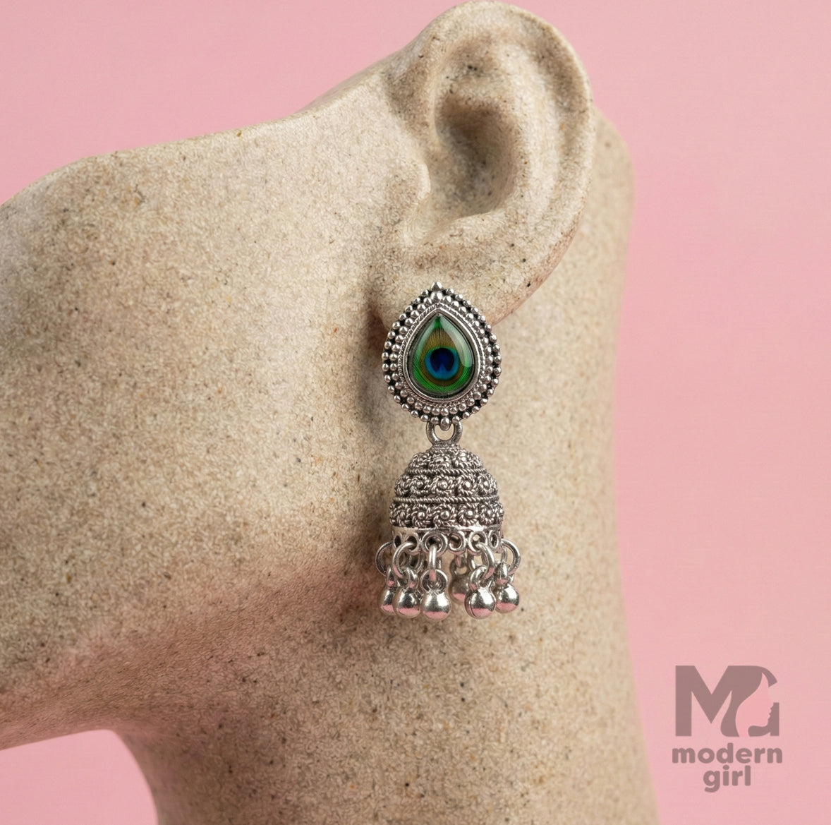 Peacock Feather Designed Silver Jhumka