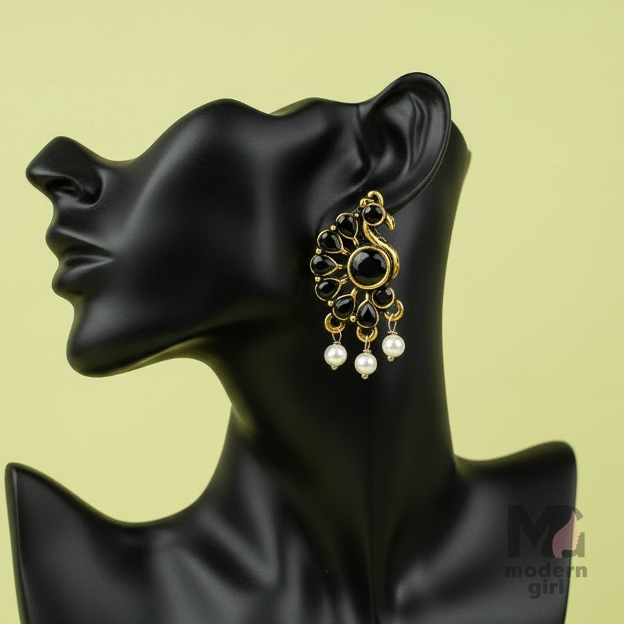 Peacock Stud Earrings with Silver Beads