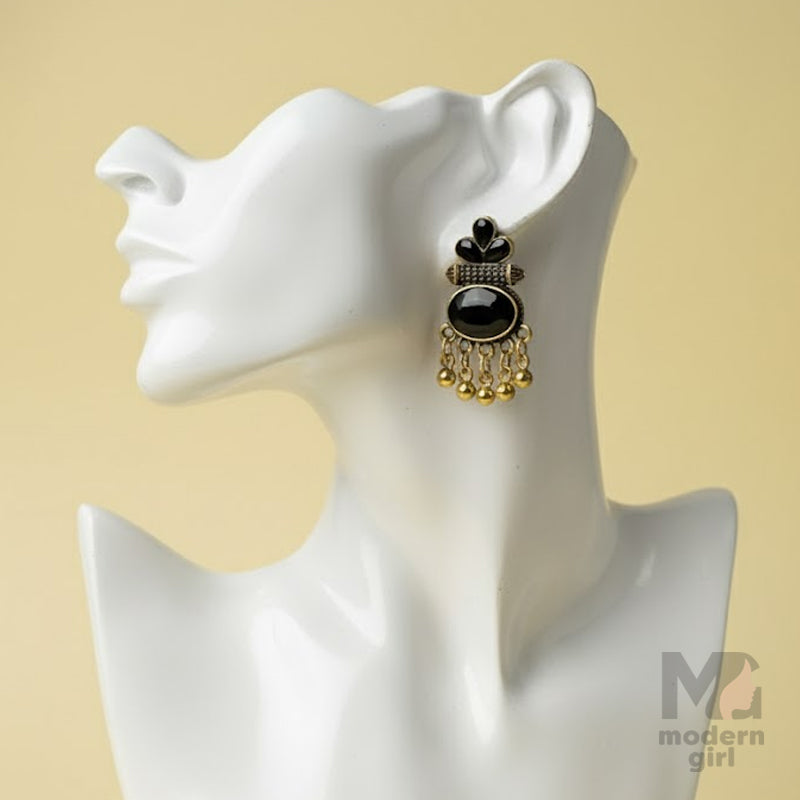 Black Stone Bead Dangler Antique Gold Earrings
