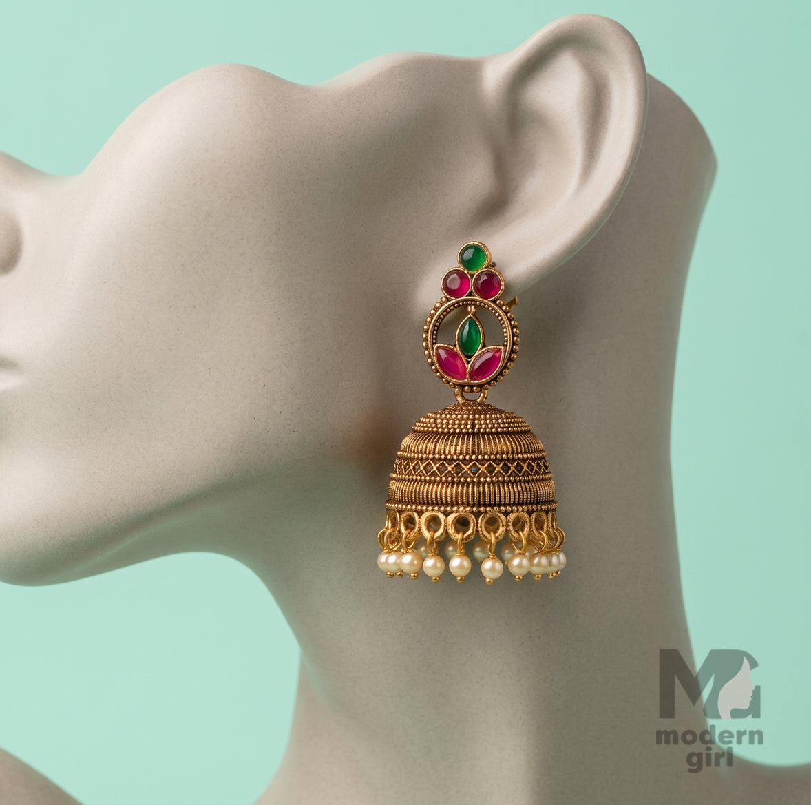 Royal Emerald Ruby Jhumka Earrings – Antique Gold Pearl Ethnic Design