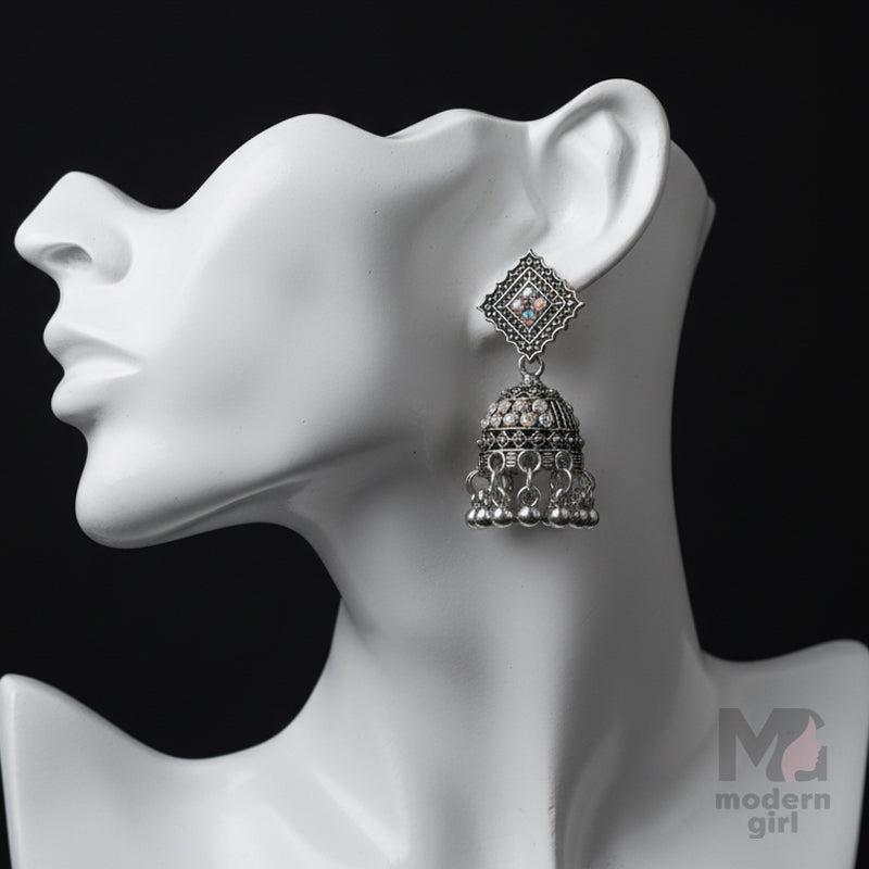 Stone Studded Oxidised Jhumka Earrings