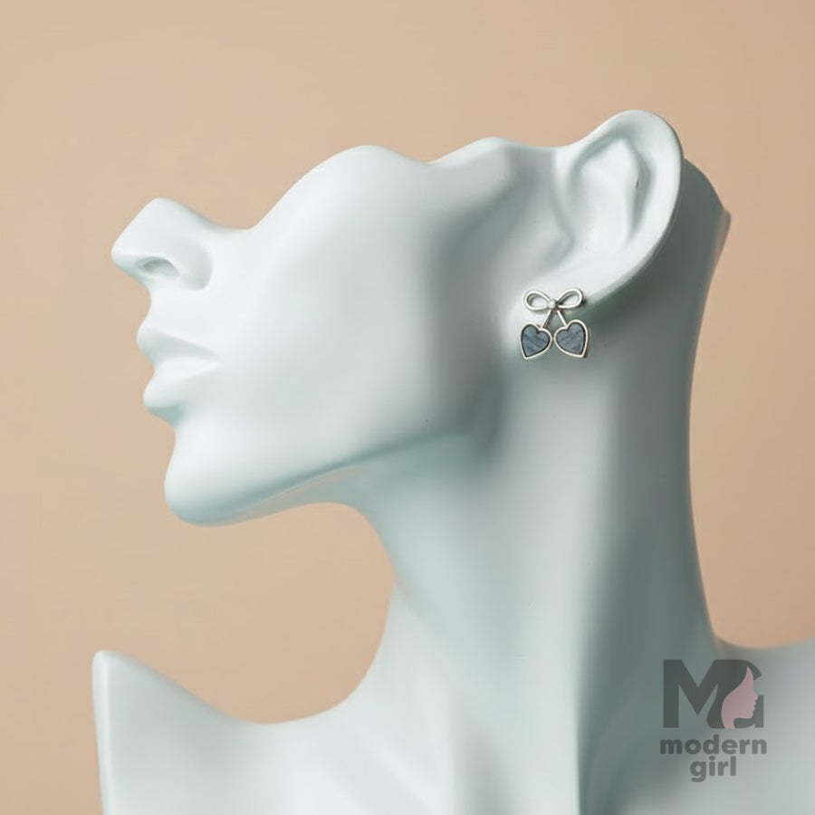 Black Heart Bow Silver-Tone Stud Earrings – Cute Minimal Daily Wear