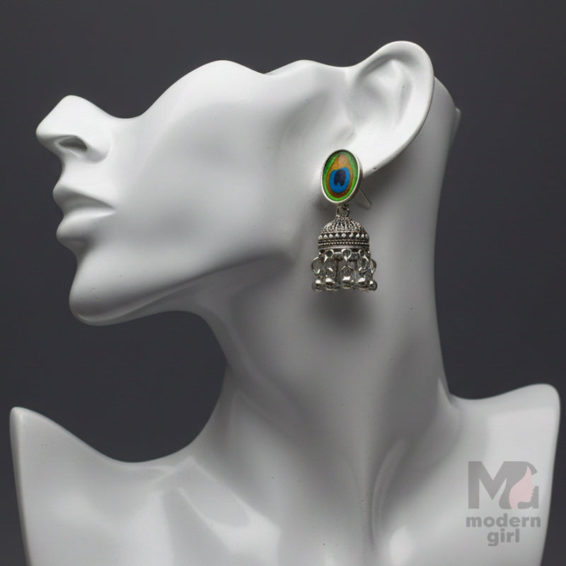 Peacock Feather Oxidised Silver Jhumka