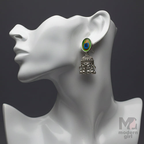 Peacock Feather Oxidised Silver Jhumka