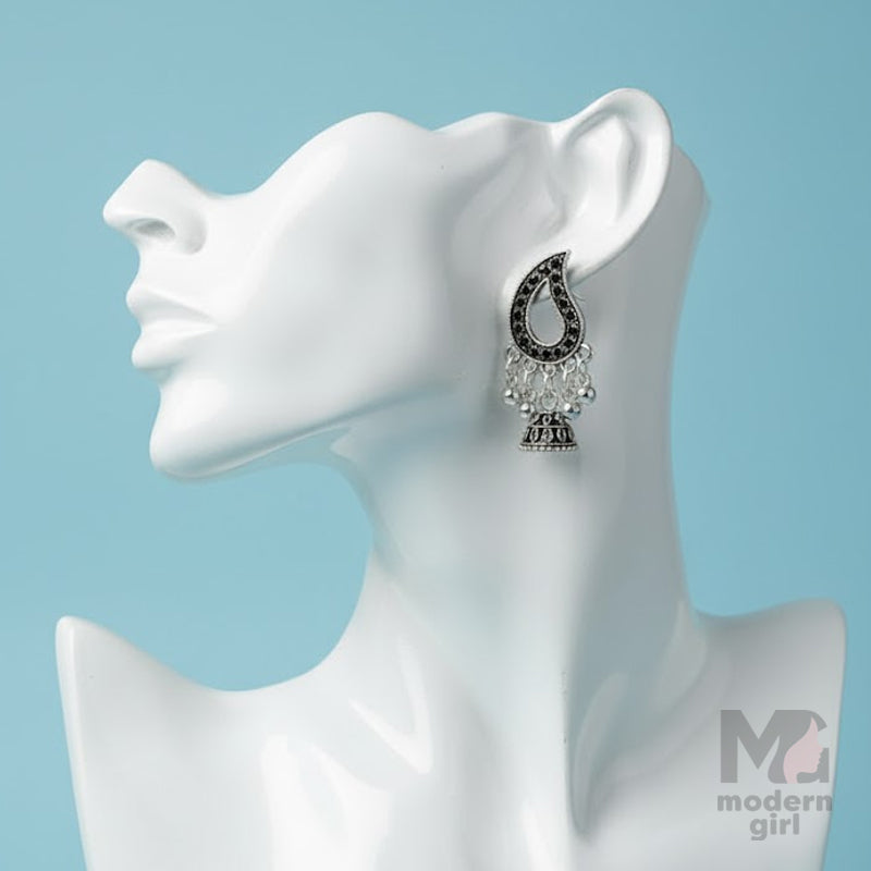 German Silver Paisley Drop Earrings with Mini Jhumka Design