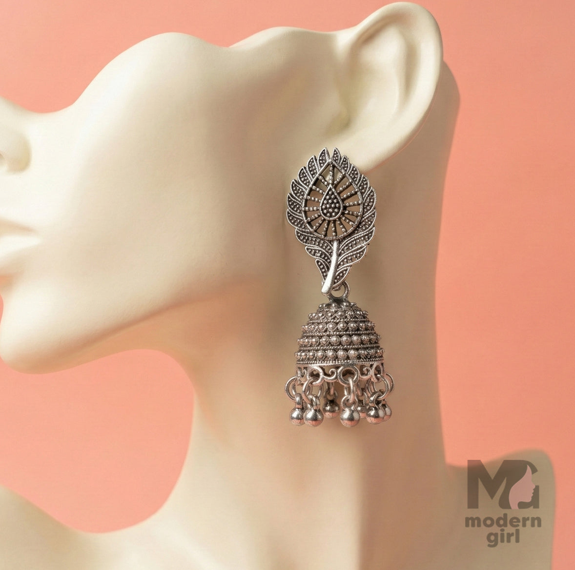 Oxidised Silver Leaf Jhumka Earrings
