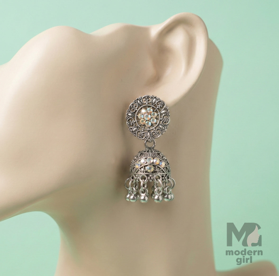 Oxidised Silver Stone Jhumka Earrings