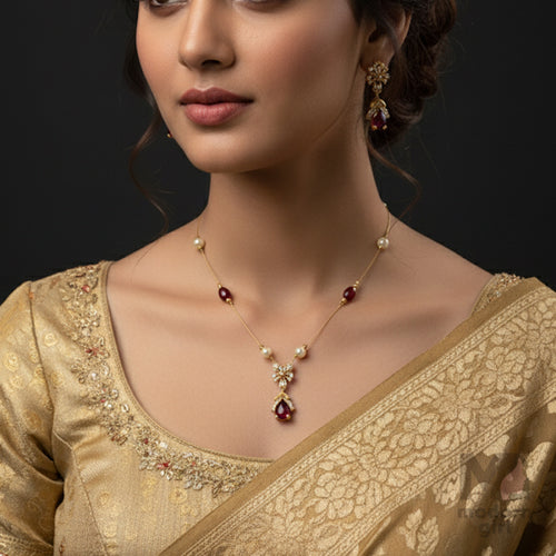 Invisible Chain Necklace with Red Teardrop & Pearls