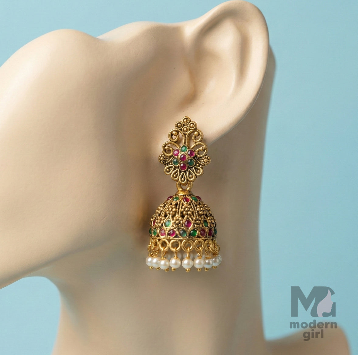 Antique Gold Multi-Stone Temple Jhumka Earrings with Pearl Drops