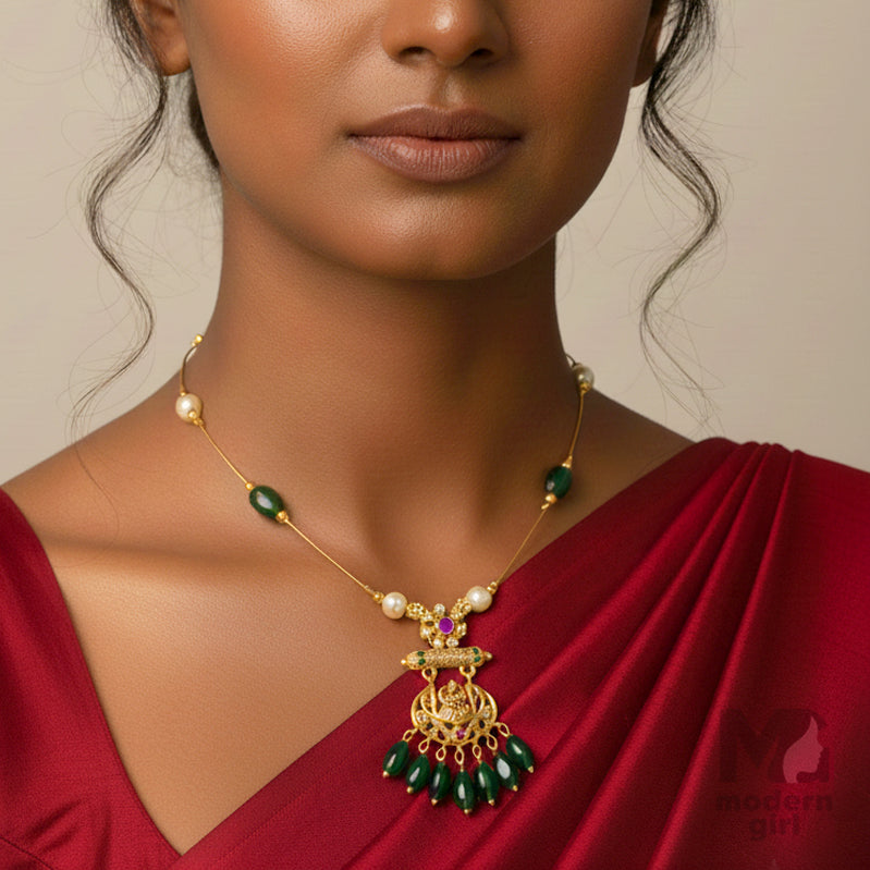 Invisible Chain Green Bead & Pearl Pendant Necklace – Gold-Plated Traditional Jewelry for Women