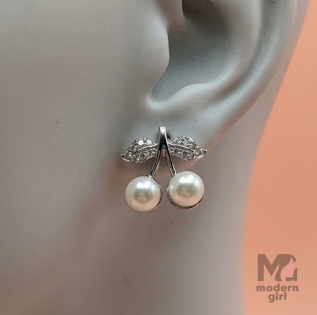 Cherry Pearl Drop Earrings with Crystal Leaf Design