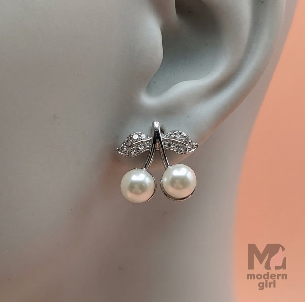 Cherry Pearl Drop Earrings with Crystal Leaf Design