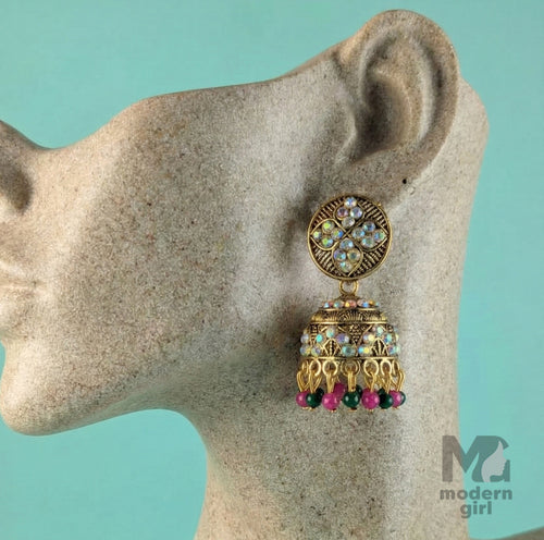 Antique Gold Stone Jhumka Earrings with Pink & Green Beads