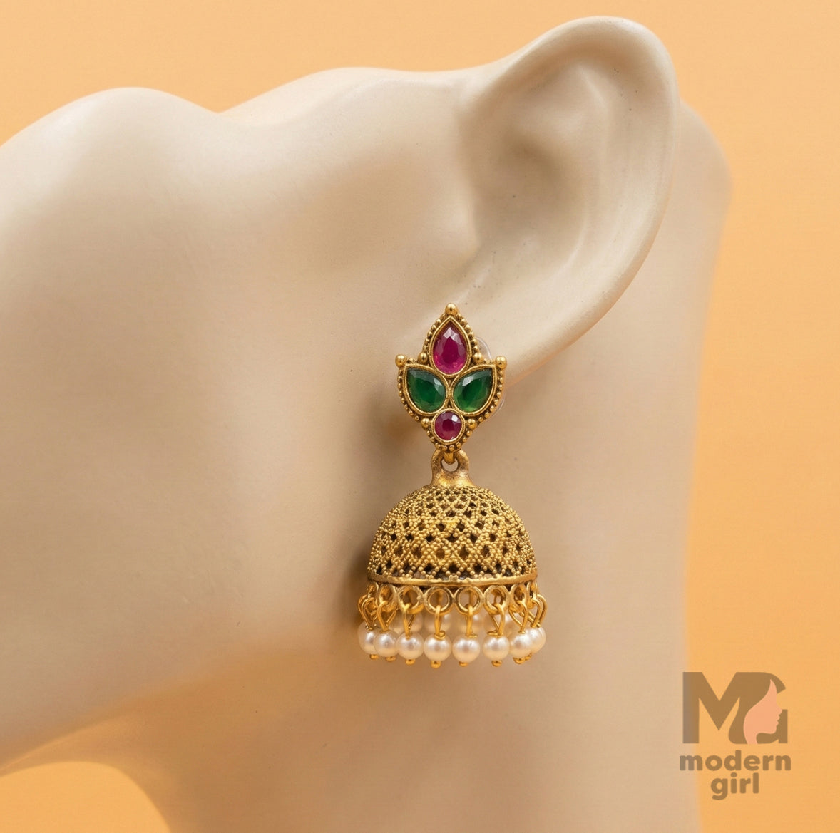 Heritage Temple Jhumka Earrings with Pearl Drops