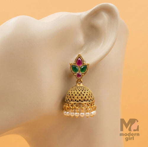 Heritage Temple Jhumka Earrings with Pearl Drops