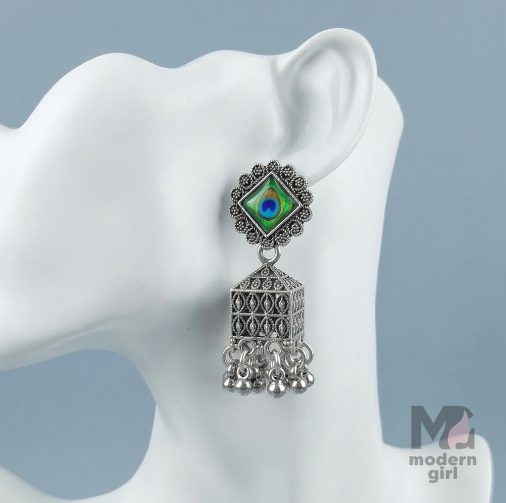 Peacock Stone Oxidized Silver Cube Jhumka Earrings