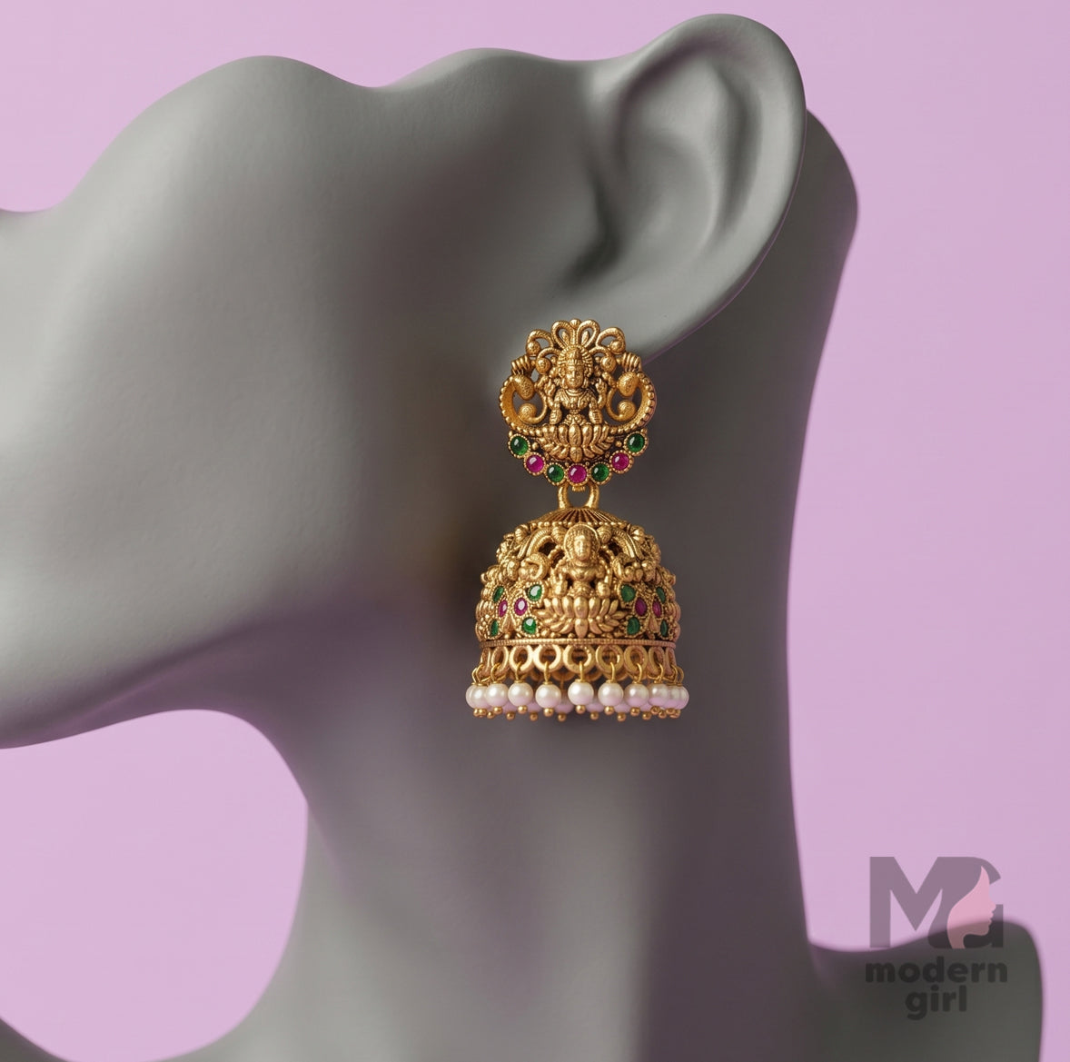 Temple Pearl Jhumka Earrings – Antique Gold Lakshmi Ethnic Design