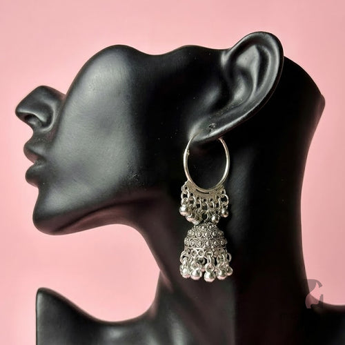 Oxidised Hoop Jhumka Earrings with Ghungroo Drops – Silver Tone