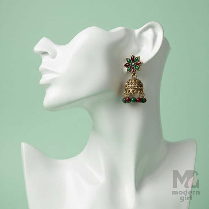 Traditional Green & Red Jhumka Earrings for Women – Antique Gold Finish