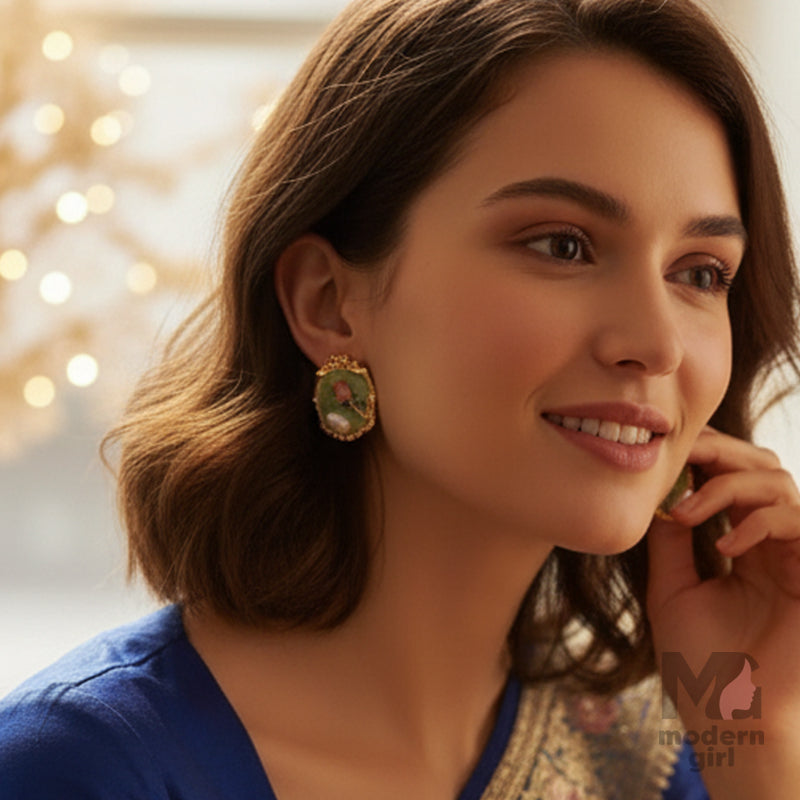 Vintage Rose & Pearl Enamel Earrings – Elegant Floral Studs for Women