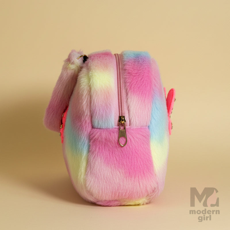 Pastel Fur Shoulder Bag with Butterfly Charm – Cute & Trendy Handbag for Girls