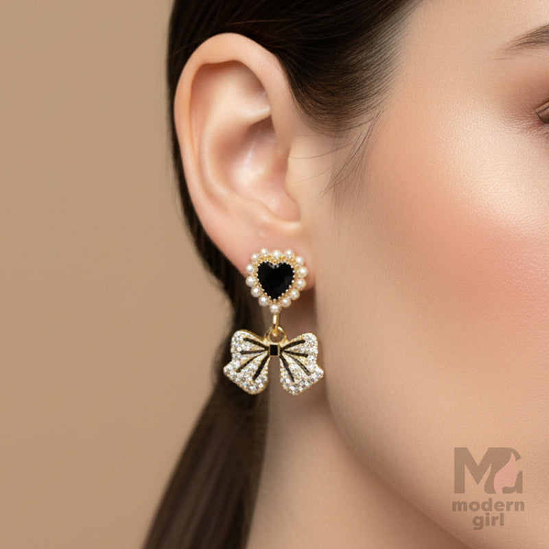Black Heart & Bow Drop Earrings with Pearl and Crystal Detailing – Elegant Party Wear Jewelry