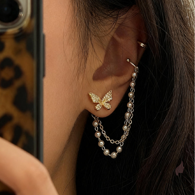 Golden Butterfly Stud Earring with Pearl Chain – Stylish Party Wear Jewelry