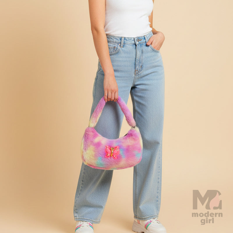 Pastel Fur Shoulder Bag with Butterfly Charm – Cute & Trendy Handbag for Girls