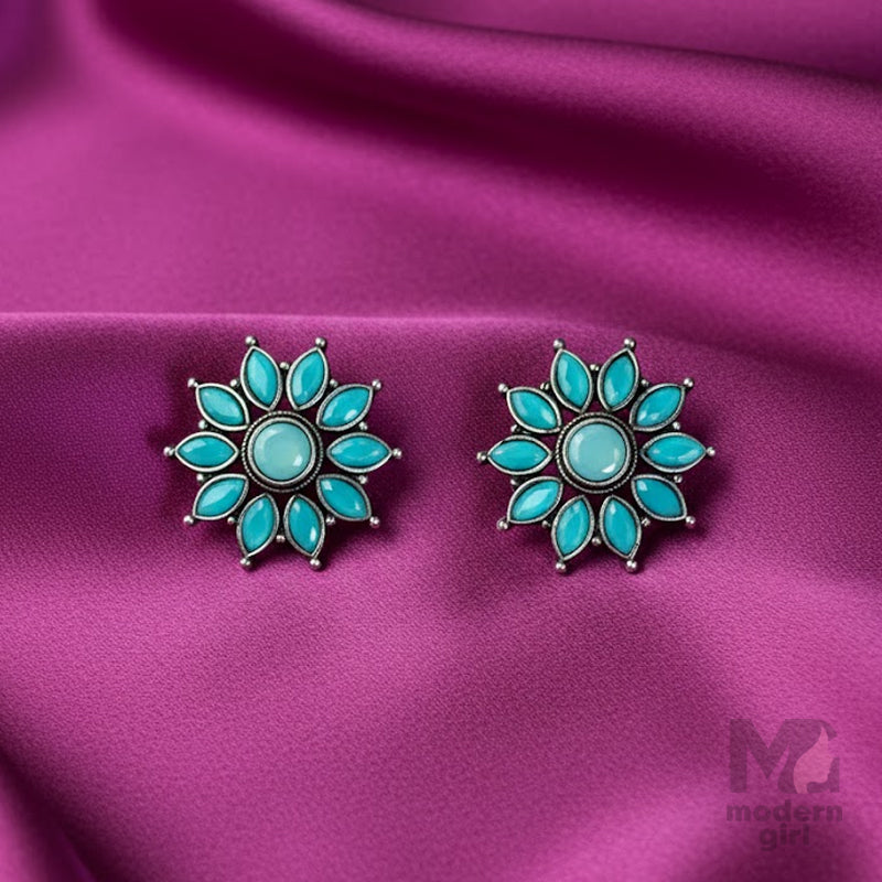 Floral With Stone German Silver Stud Earrings