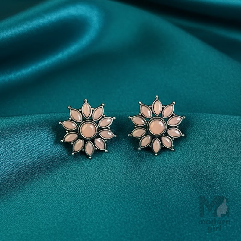 Floral With Stone German Silver Stud Earrings