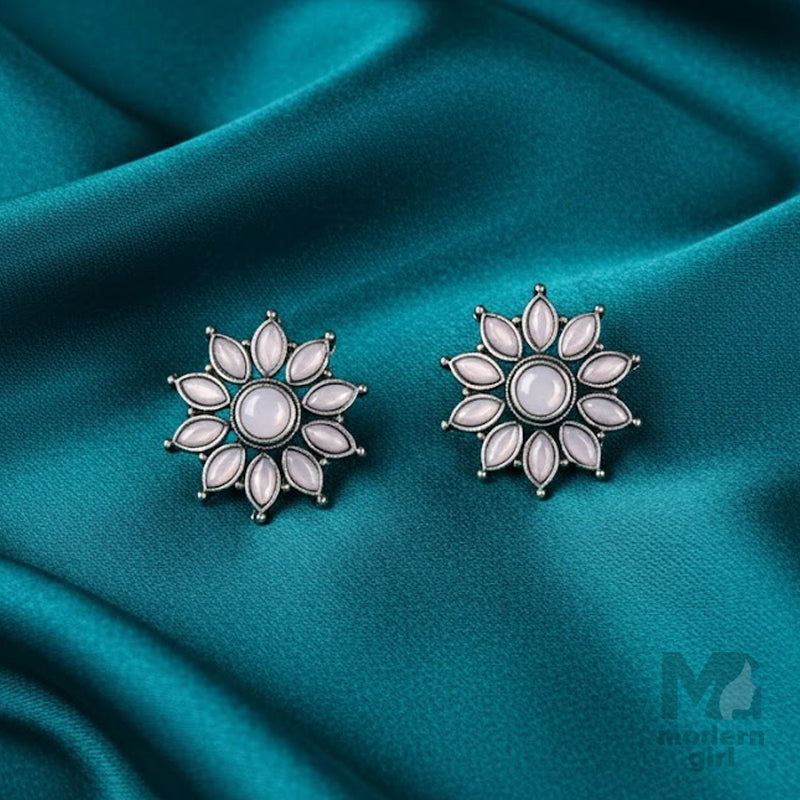 Floral With Stone German Silver Stud Earrings