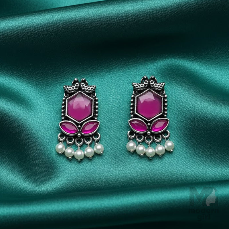 Stone & Pearl Dangler Silver Earrings