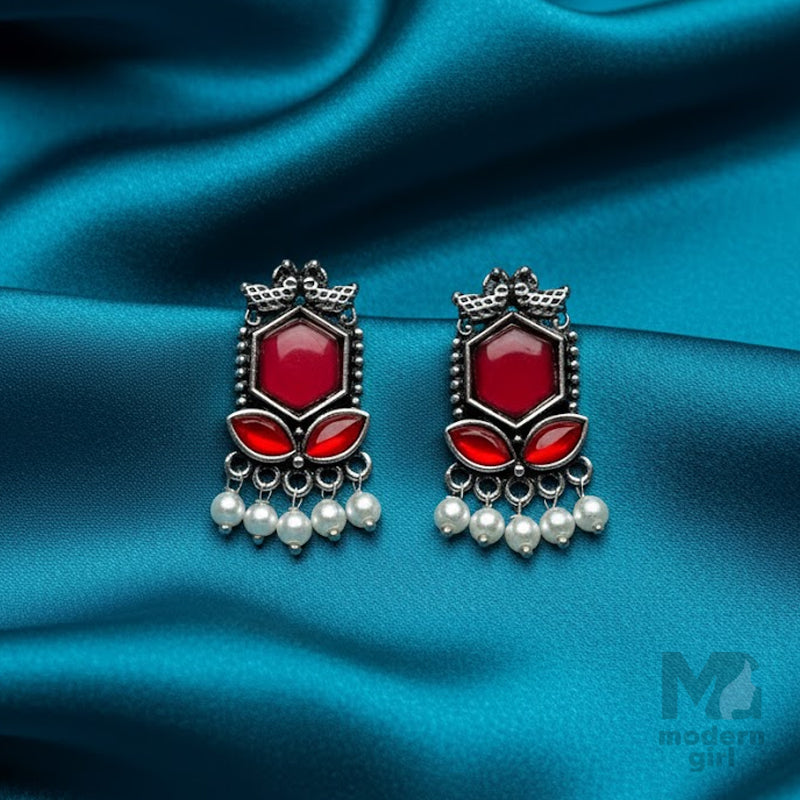 Stone & Pearl Dangler Silver Earrings