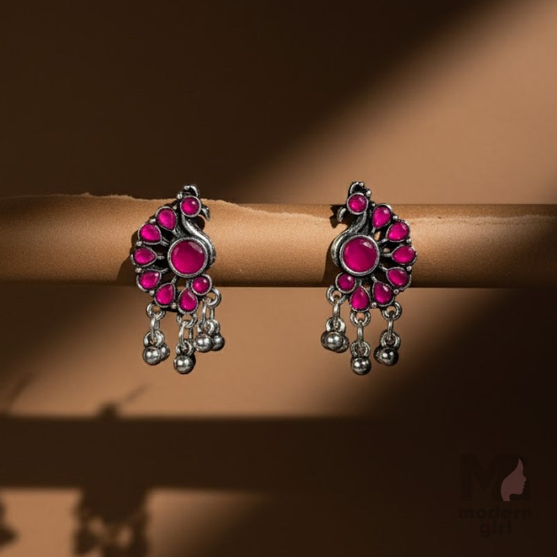 Peacock Stud Earrings with Silver Beads