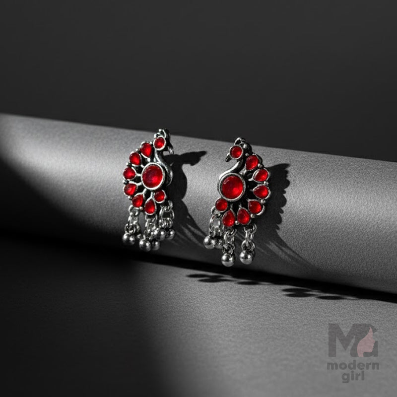 Peacock Stud Earrings with Silver Beads