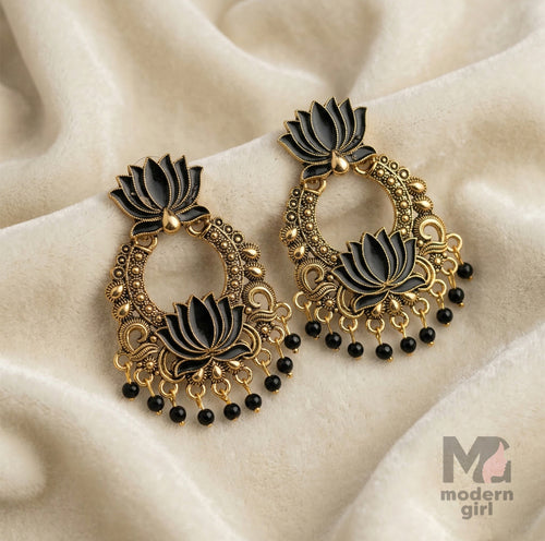 Lotus Design Antique Gold Plated Statement Earrings for Women