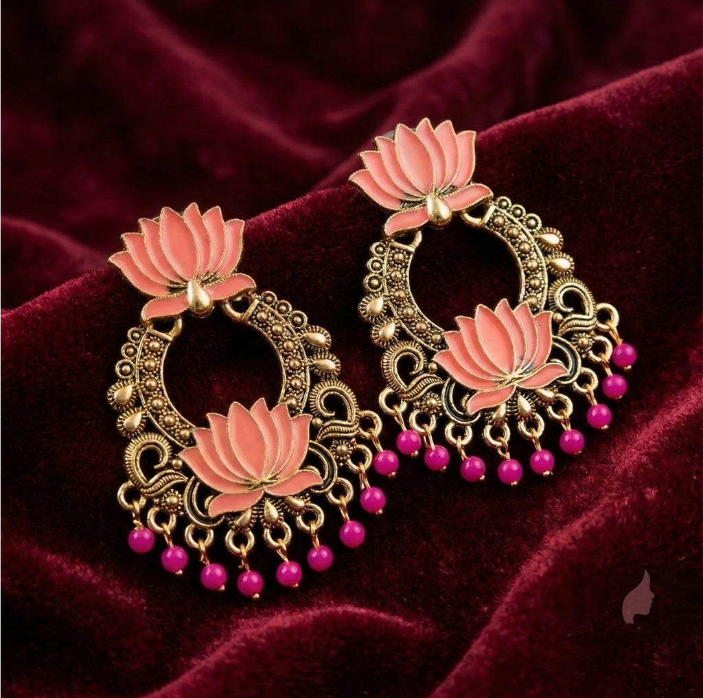 Lotus Design Antique Gold Plated Statement Earrings for Women
