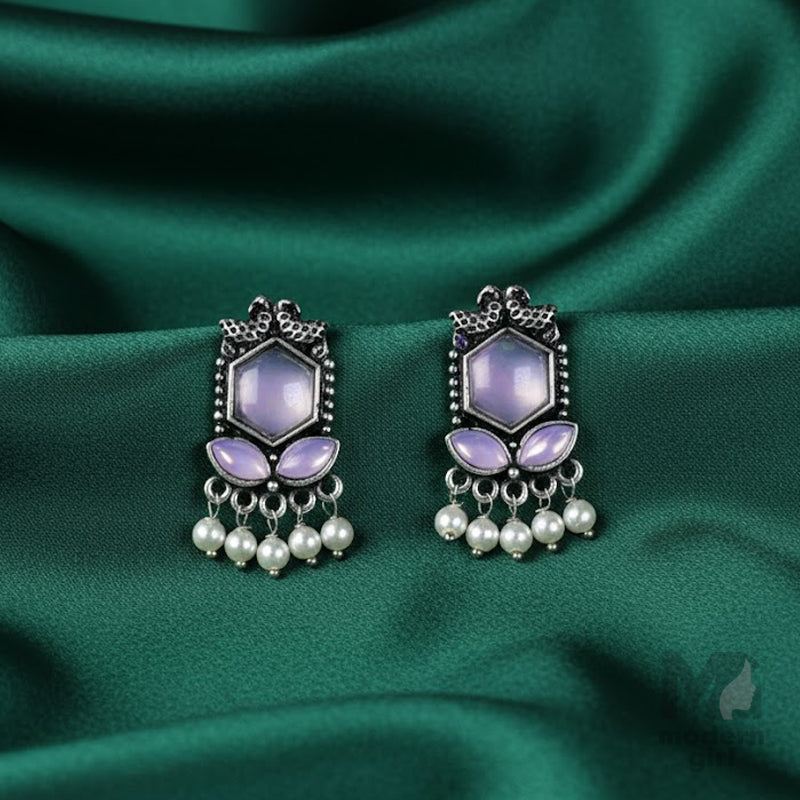 Stone & Pearl Dangler Silver Earrings