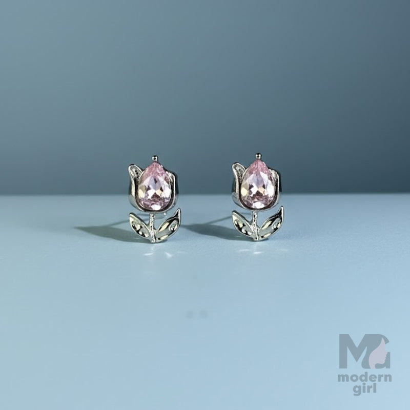 Crystal Flower Stud Earrings – Silver Finish