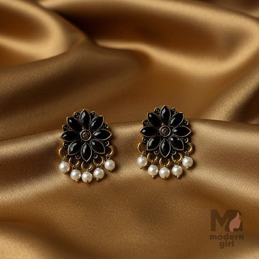 Black Floral Pearl Drop Stud Earrings