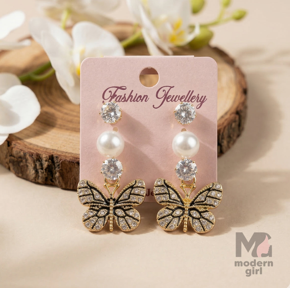 Luxury Gold & Silver Butterfly Pearl & Crystal Drop Earrings