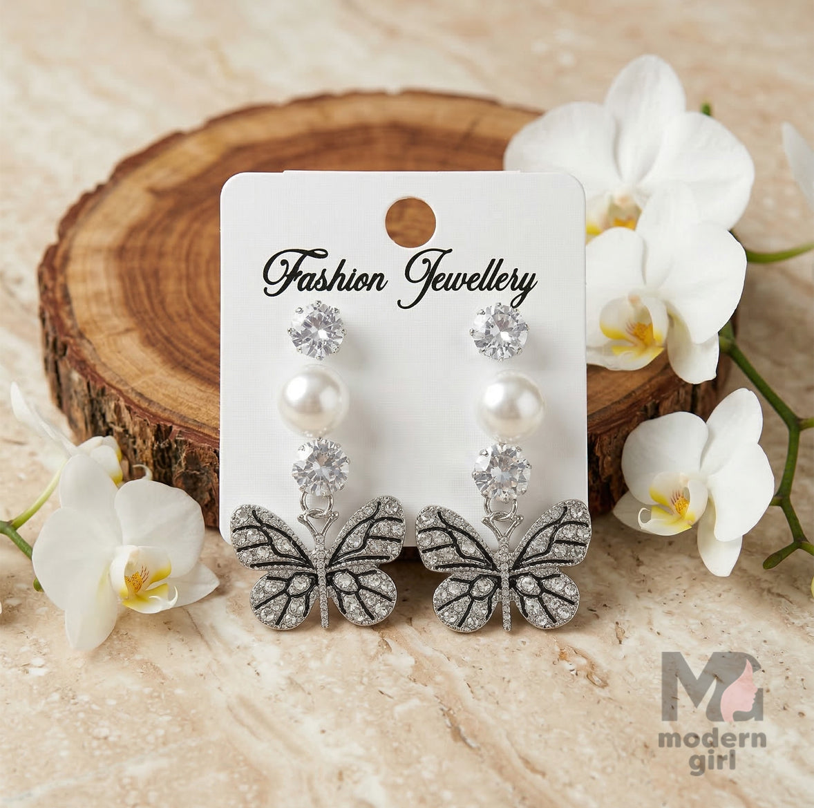 Luxury Gold & Silver Butterfly Pearl & Crystal Drop Earrings