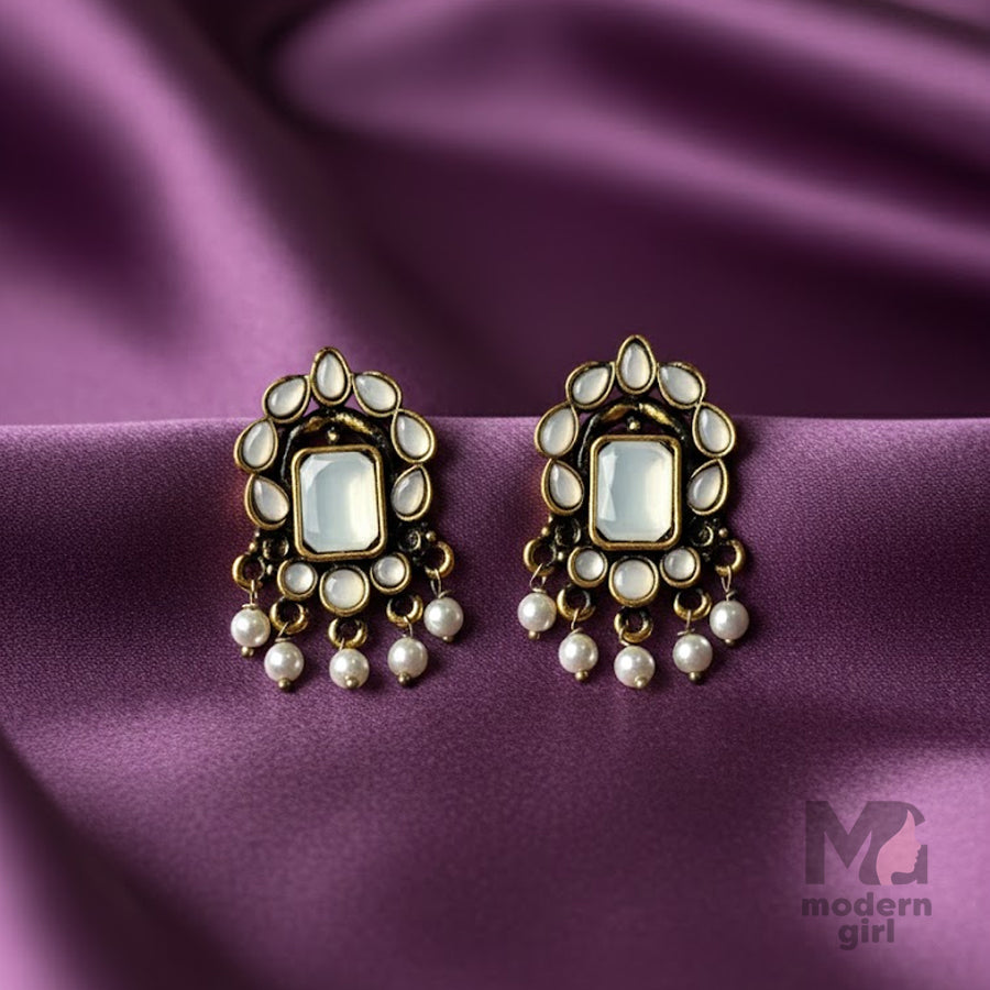 Royal Kundan Pearl Drop Earrings – German Silver Finish